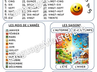 French Basics Numbers 1-31, Months, Seasons, Days of the Week, Dates Learning Aid