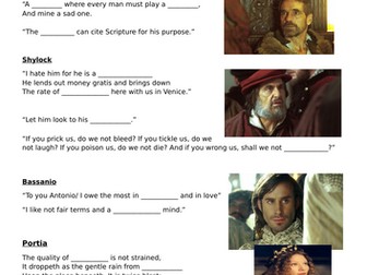 Merchant of Venice quotations worksheets