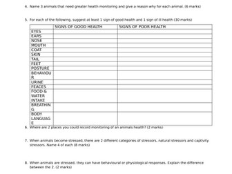 BTEC TEC AWARD  LEVEL 2 ANIMAL CARE REVISION RESOURCES - COMPONENT 3 - ANIMAL HEALTH & WELFARE