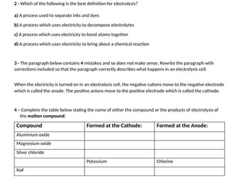 Electrolysis Worksheet - With answers