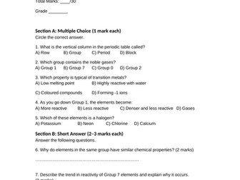 C2 - Periodic Table EOT Quiz with Mark Scheme, Grade Boundaries & Tips. AQA GCSE Chemistry (H&F)