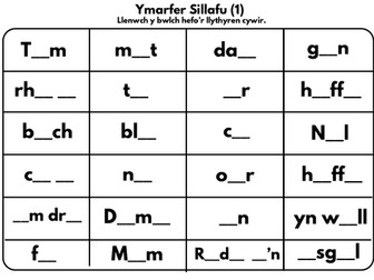 Vowel Sounds: Fill in the Blanks Activity Sheet (Cymraeg Cychwyn Eto 1)