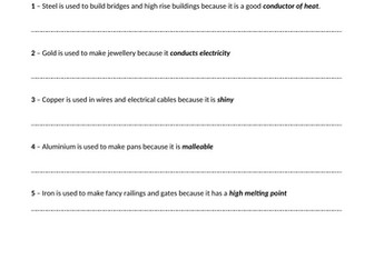 Properties and Uses of Metals worksheet with answers