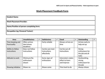 NCFE Level 3 in Sport and physical activity - Work experience in sport (Employer feedback form)