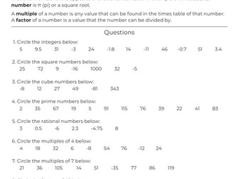Types of Numbers Worksheet