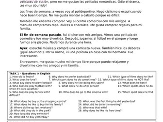 Pedro's free time - Spanish reading - two tenses - 4 tasks