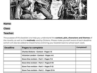 Christmas Carol homework booklet AQA GCSE