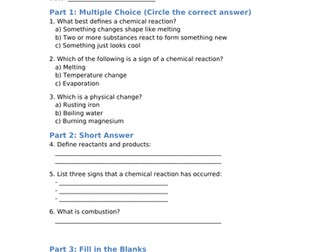 Worksheet - Chemical Reactions  - Chemistry KS3 Science