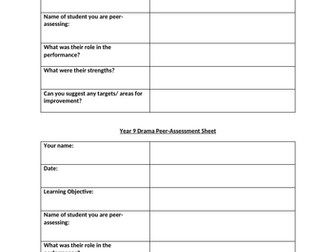 KS3 Drama peer-assessment sheet