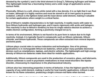 Chemistry: Lithium “Article & Questions” Assignment