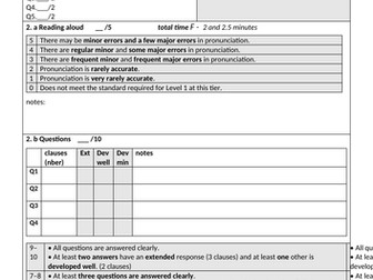 Marking sheet for AQA Speaking GCSE new specs 8652