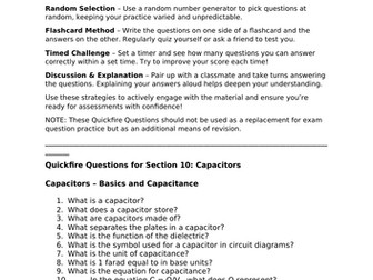 AQA A-Level Physics Quickfire Questions Section 10: Capacitors