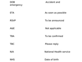 Understanding acronyms worksheet task