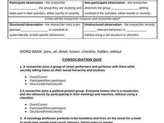 A Level Sociology - Types of Observations Worksheet [EDITABLE]