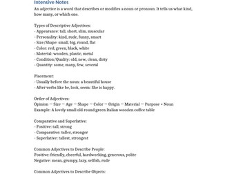 INTENSIVE NOTES: ADJECTIVES – Describing People and Objects