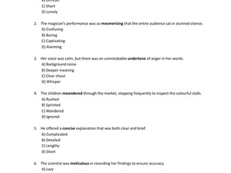 Word Meaning in Context 11+ Questions Worksheet 1