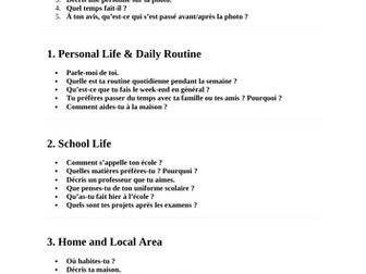 Free notes for French IGCSE- Theme wised speaking questions and Basic important Vocab