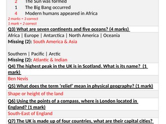 Yr 7 lessons from a full unit, lessons 8+9 A knowledge recall test, answers and a Russia lesson