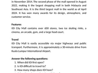 Reading comprehension text with questions on IOI City Mall, Malaysia