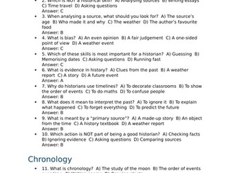 KS3 Baseline History Test - Chronology, Skills etc.  50 questions and answers