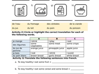 French - Healthy food and drink worksheet