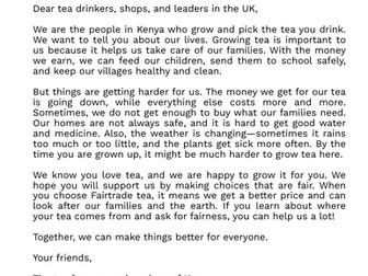 Younger years comprehension task: A letter from the people who grow the tea you drink