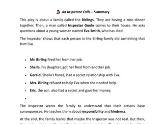 An Inspector Calls Booklet for EAL stage A and B