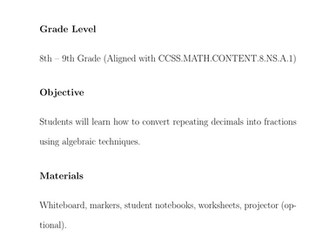 Lesson Plan: Converting Repeating Decimals to Fractions