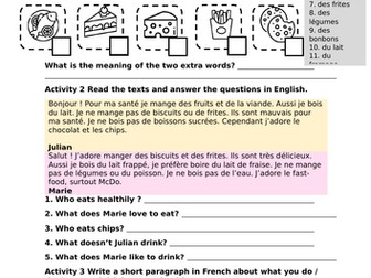 Healthy and Unhealthy food French - Worksheet