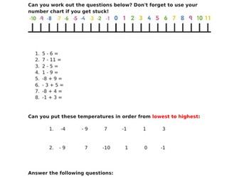 Negative numbers and temperature worksheet
