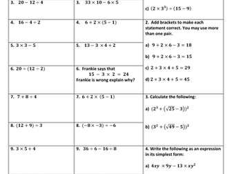 Bidmas Differentiated Worksheet With answers