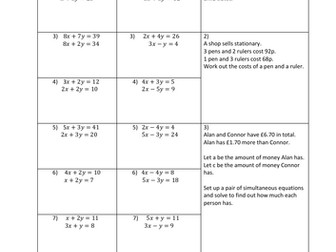Differentiated Worksheet on Simultanoeus Equations with answers