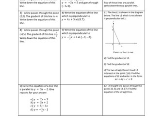Differentiated worksheet on equations of parallel and perpendicular lines (Answers provided)