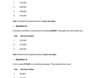 A Level Business 3.3.2 Payback Period Worksheet