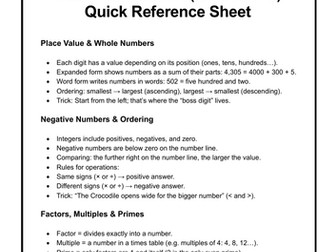 GCSE Maths Foundation – Number Skills (1) Quick Reference Sheet