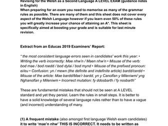 A LEVEL WELSH SECOND LANGUAGE grammar sheet in point form