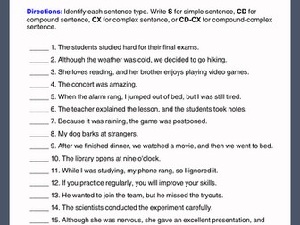 Sentence Types Worksheets:Simple, Compound, Complex & Compound-Complex Sentences
