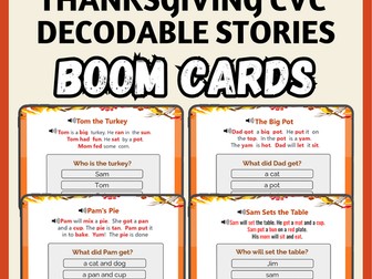 Thanksgiving CVC Decodable Stories| Reading Comprehension BOOM Cards™ with Audio