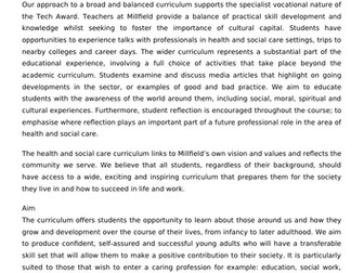 BTEC Health & Social Care Curriculum Impact Statement for Ofsted