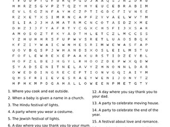 ESOL festivals and celebrations wordsearch