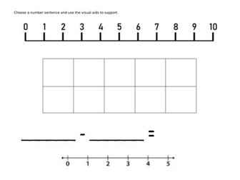 Subtraction sentences to solve with visual aids to support.