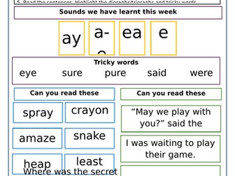 Little Wandle Homework sheet Year 1 Summer 1 week 1-5