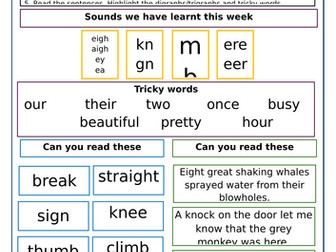Little Wandle Homework sheet Year 1 Summer 2 Week 1-5