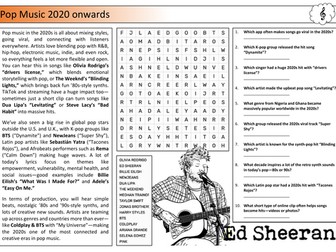 Pop Music (2020s onwards) Worksheet (Cover Lesson)