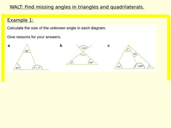 Calculating missing angles in triangles and quadrilaterals