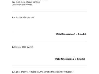 GCSE Maths Percentage Test - Complete Assessment Package