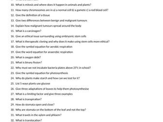 AQA Combined Science Biology short answer revision questions