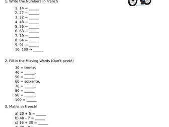 1-100 in French worksheet with exercises