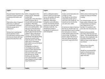 English Homework Grid