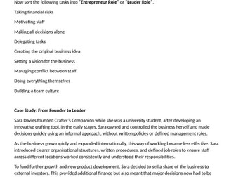 A level Business Theme 1: 1.5.6 Moving from Entrepreneur to leader